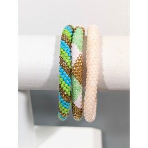 Green Blue Pink Glass Seed Bead Roll On Stacking Bracelets Set 3 Boho 6.5"